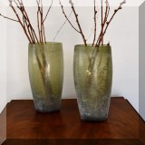 G68. 2 Handblown green scavo glass vases. 12”h - $14 each 